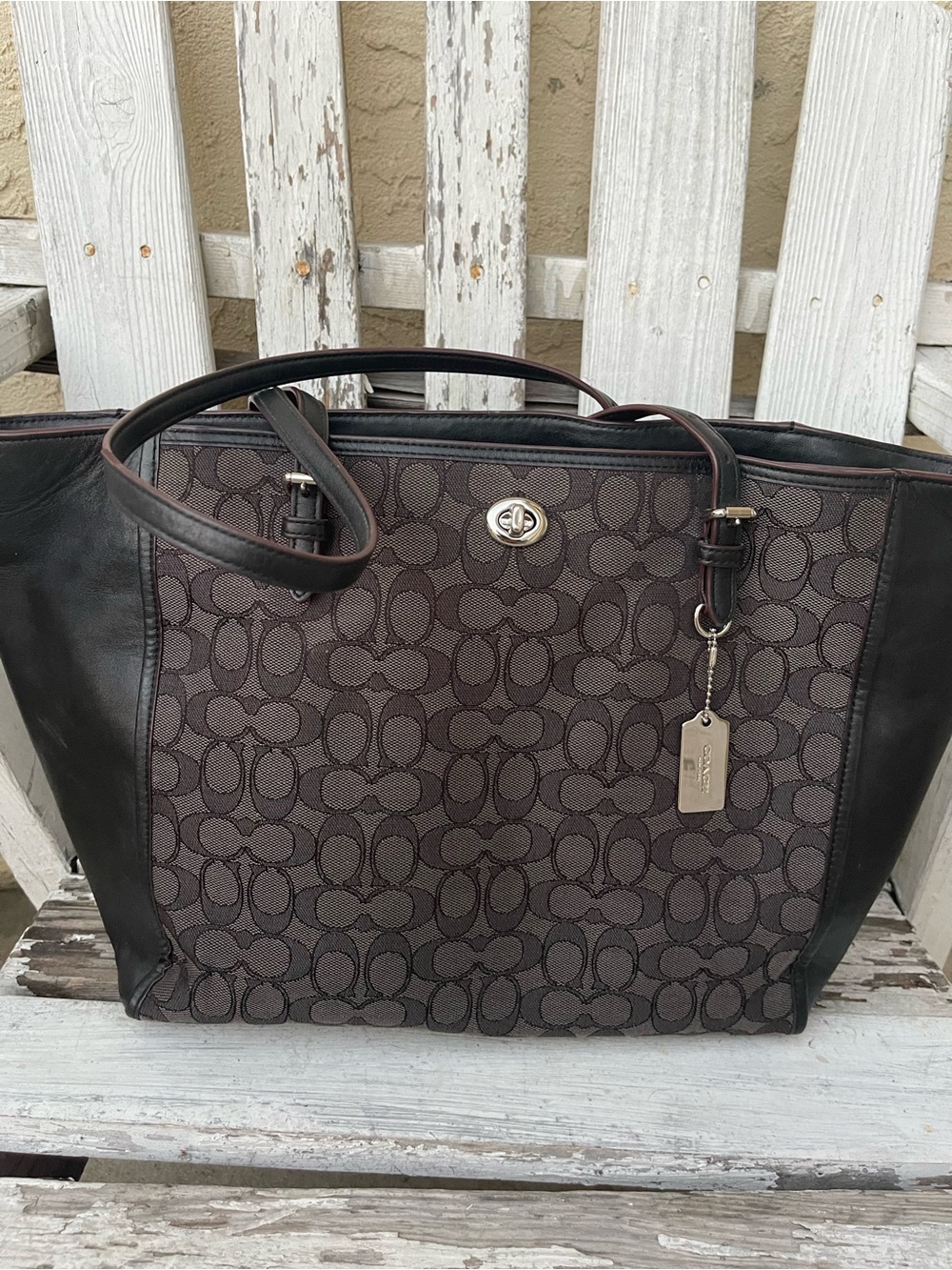 Coach Turnlock Tote Signature Jacquard Black Leather Trim Shoulder Bag